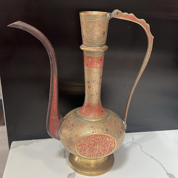 Vintage Persian Turkish Solid Brass 8.75”Etched Tea Oil Pot - Picture 1 of 5